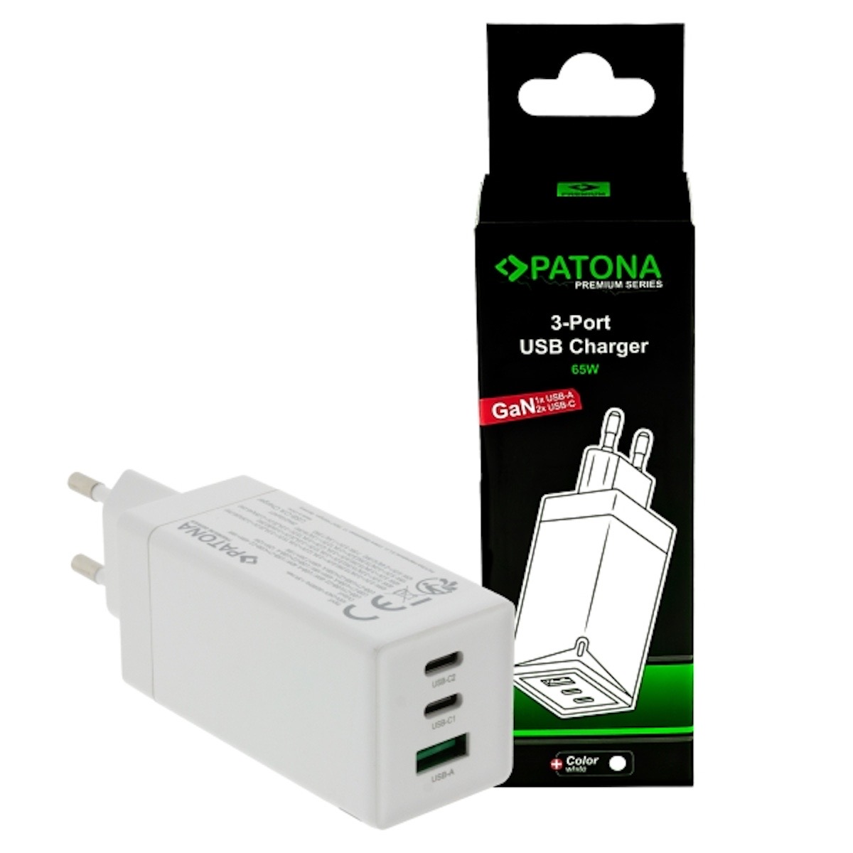 Patona Premium GaN PD65W Adapter 2xUSB-C 1xUSB-A PD3.0 QC3.0