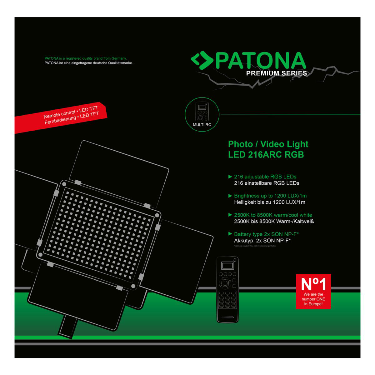 PATONA Premium LED Foto und Videolicht mit 216 einstellbaren RGB LEDs und Fernbedienung