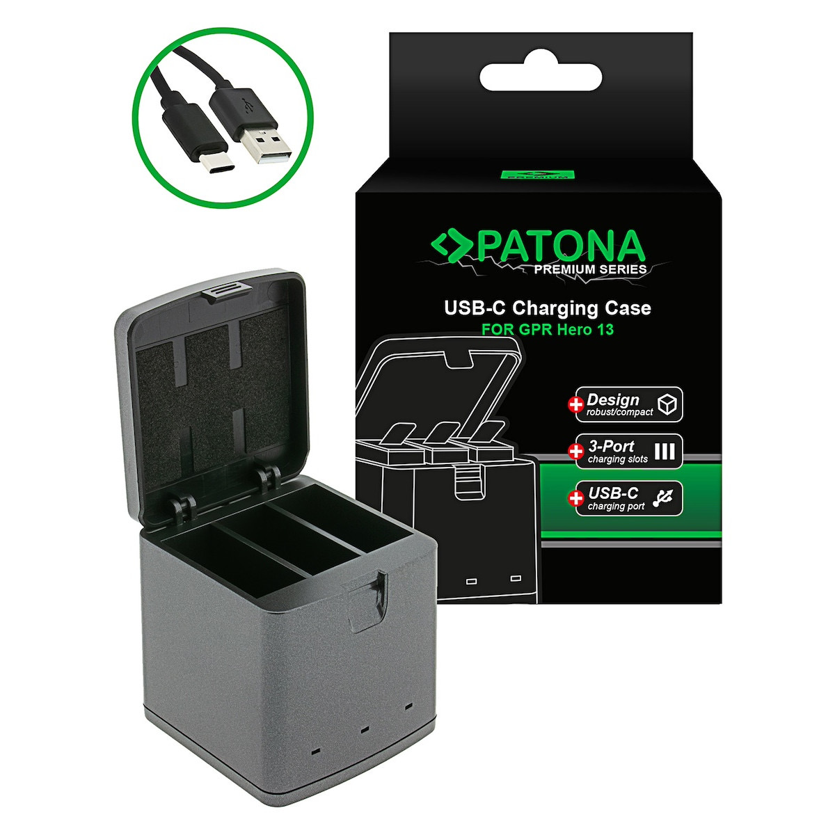 Patona Premium Tripple-Charger Ladebox f. GoPro Hero 13 inkl. USB-C Kabel