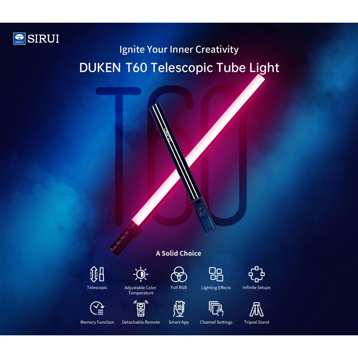 Sirui Duken T60 Teleskop LED Lichtstab 455-740 mm mit Fernbedienung und App