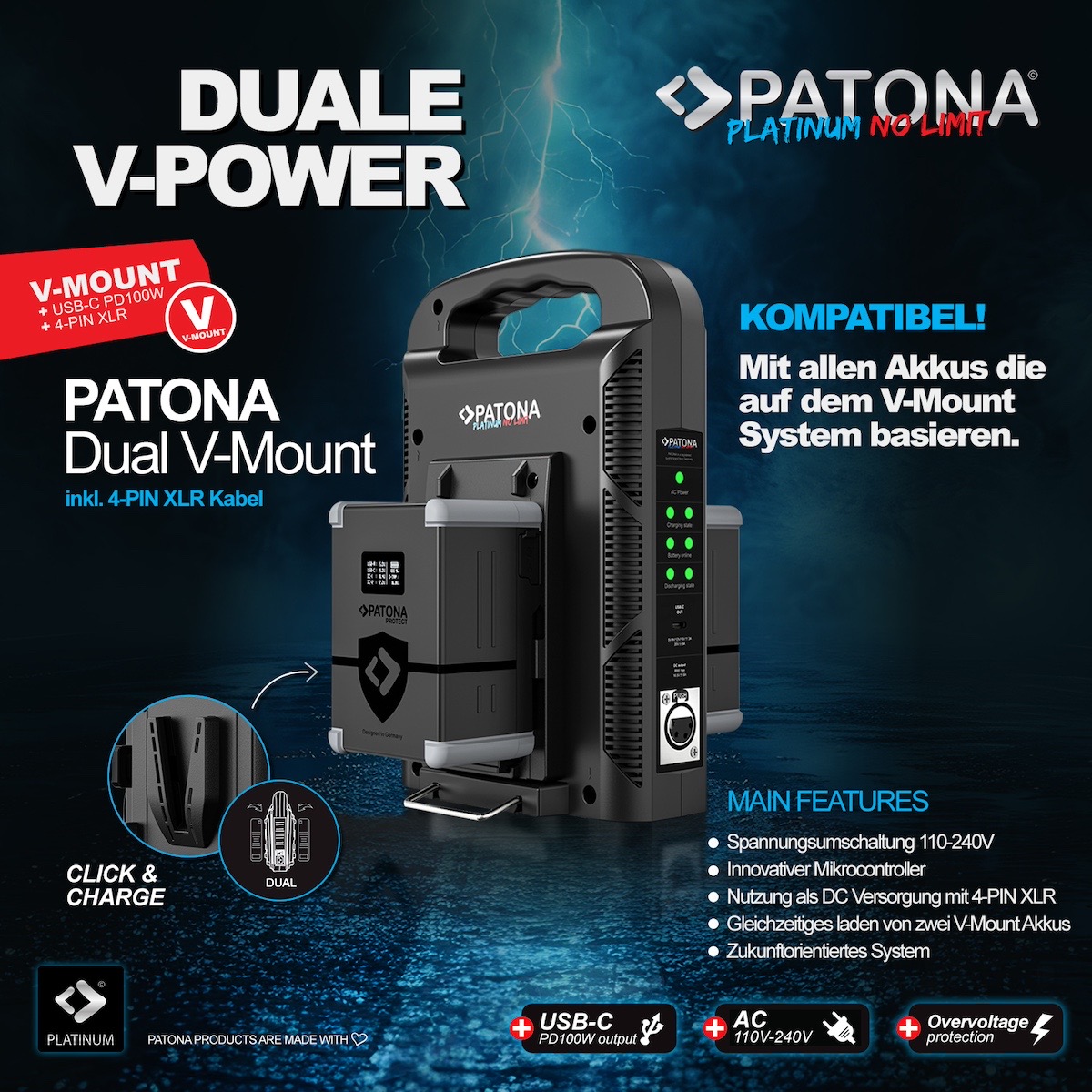 Patona Platinum 2-Kanal Ladegerät für V-Mount PD 100W