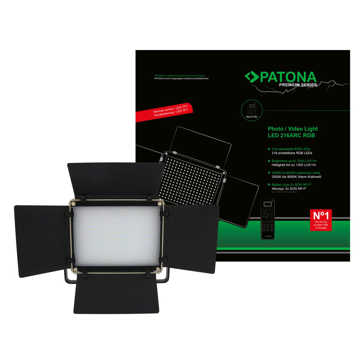 PATONA Premium LED Foto und Videolicht mit 216 einstellbaren RGB LEDs und Fernbedienung