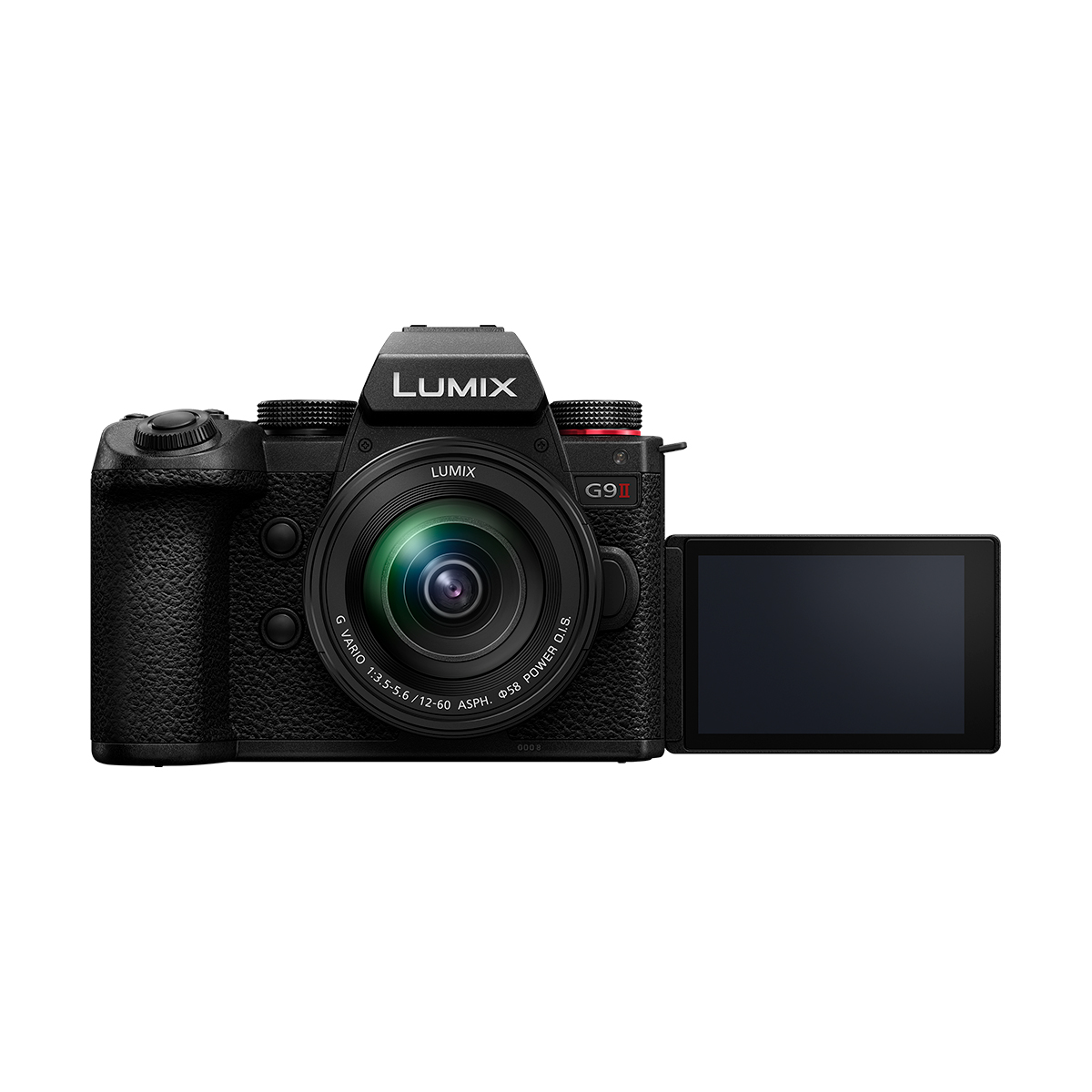 Panasonic Lumix DC-G9 II mit dem Panasonic 12-60 mm 1:3,5-5,6 ASPH Power OIS von vorne mit ausgeklapptem Display