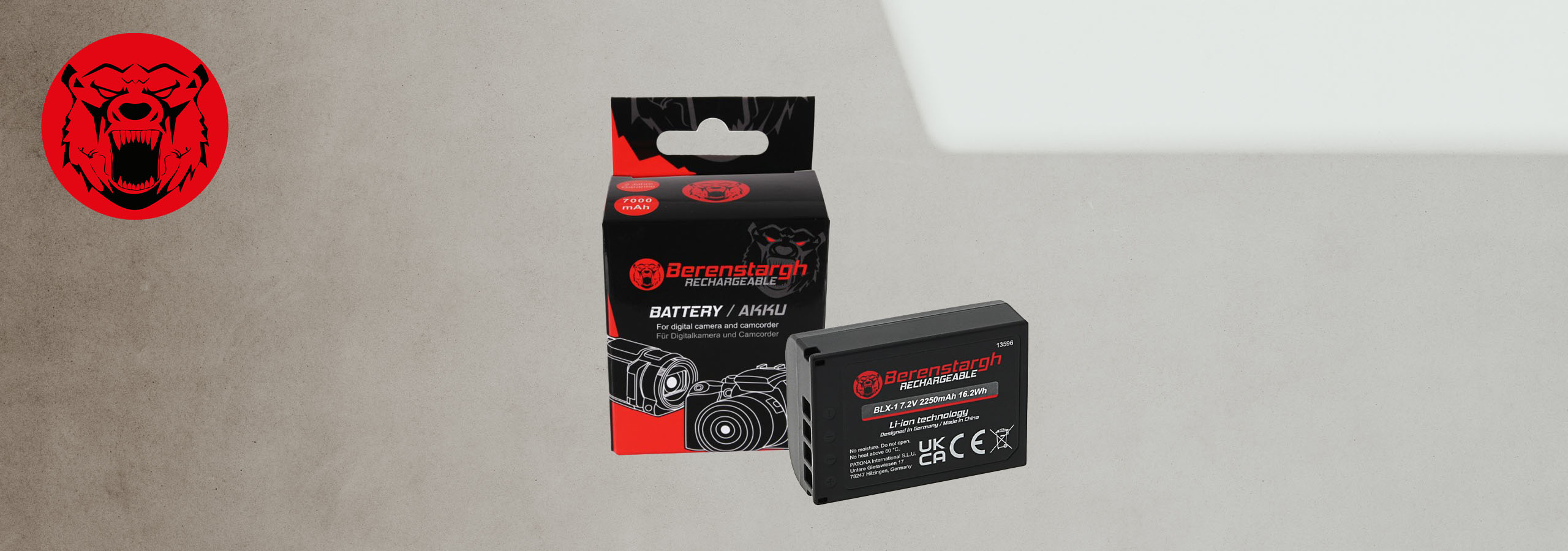 Berenstargh Akku für Olympus Kameras mit Verpackung im Hintergrund